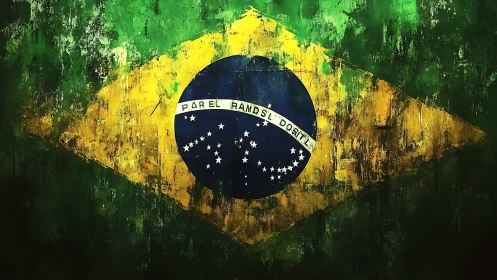 Grunge-splashed Brazilian flag pulsing with streetlight glow.