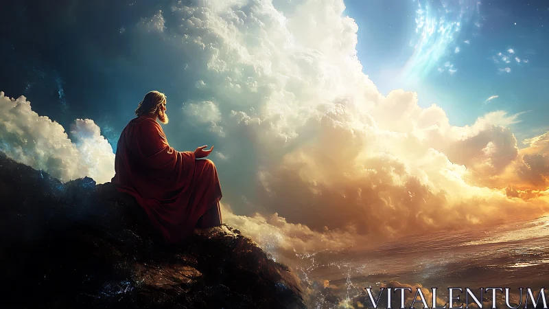 Figure in red robe sits on rocky ledge before dense clouds