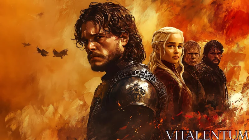 Fierce fantasy heroes stand strong amid blazing skies.