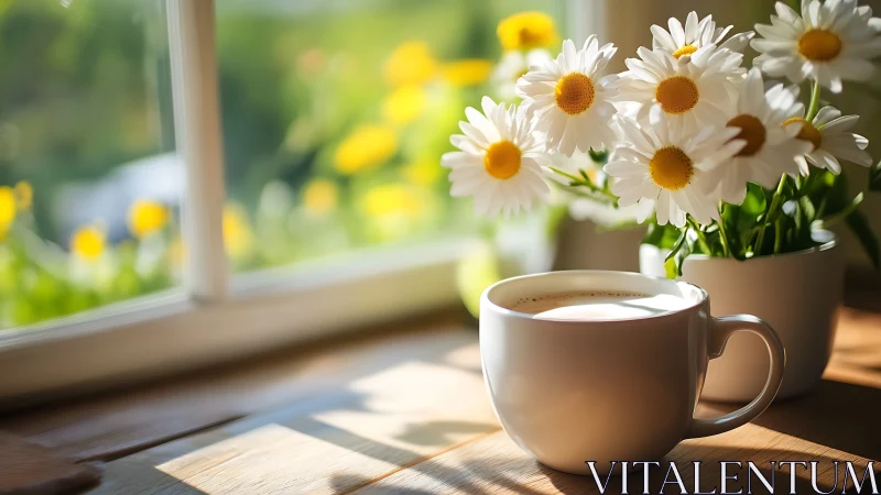 Sunlit Window Composition: White Daisies and Coffee in Warm Ambient Light