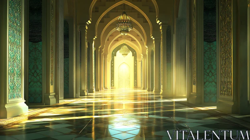 Golden light in a serene palace corridor of arches and glass.