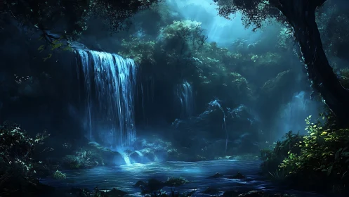 Moonlit cascade dreaming in a secret emerald forest pool.