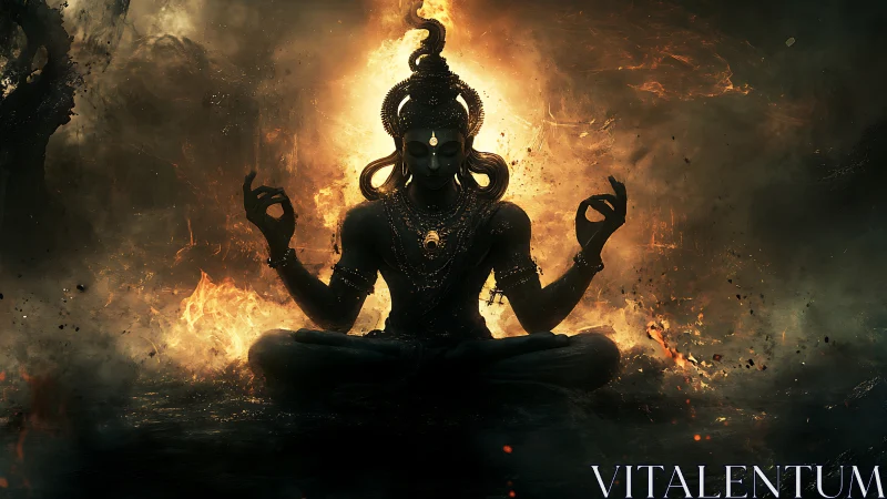 Meditative deity silhouette amid fiery glowing aura.