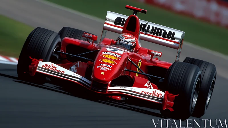 Red Formula One racing car on asphalt circuit cornering fast.