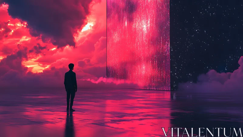 Figure observes vertical luminous portal in reflective space