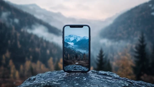 Smartphone framing misty alpine landscape in sharp focus.
