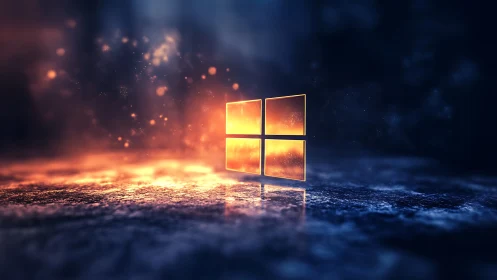 Glowing window logo in abstract blue and orange space.