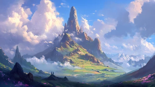 Sunlit fantasy peaks rise over a lush, dreamlike valley