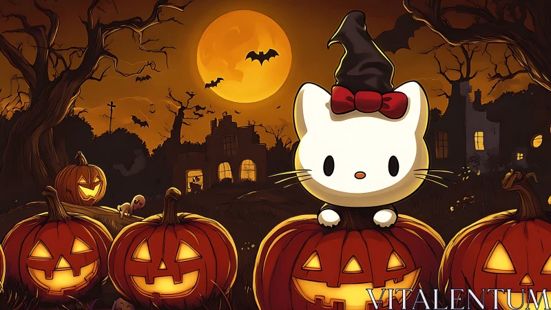 Hello Kitty Rendered in Halloween Pumpkin Patch Scene with Full Moon