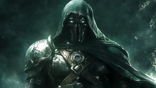 Armored hooded warrior with glowing eyes in teal mist.