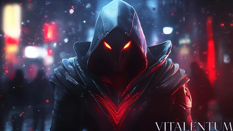 Hooded cyber figure with glowing red eyes in neon city.