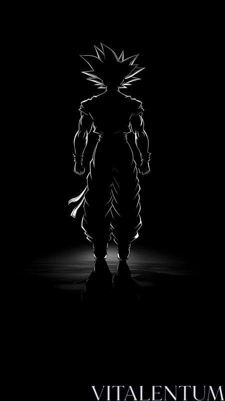 Silhouetted anime warrior stands in stark rim light.