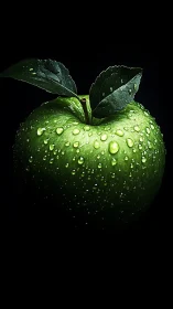 Midnight green apple crowned with shimmering dew drops.