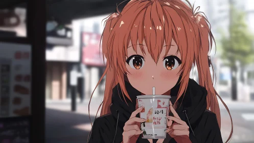 Shy city morning with a warm drink and bright curious eyes.