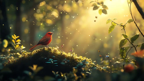 Vibrant red songbird in sunlit magical forest, digital art style.