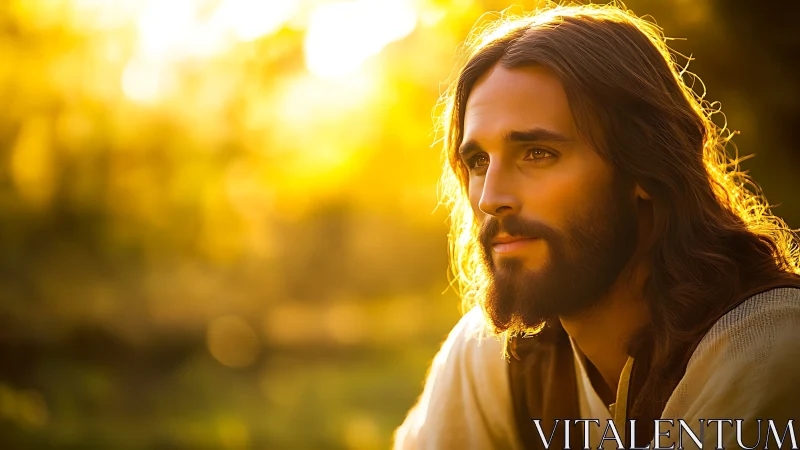 Serene bearded man in golden sunset light contemplates quietly