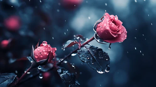 Pink Roses in Rain with Water Droplets.
