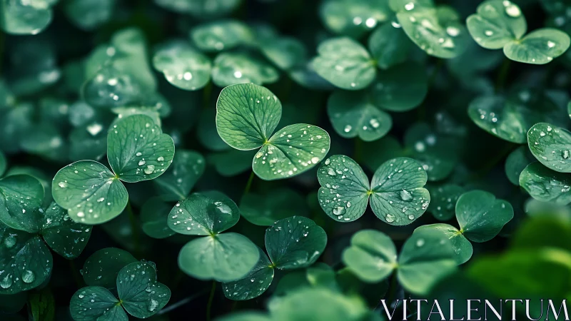 Clover leaves with water droplets in close ground coverage.
