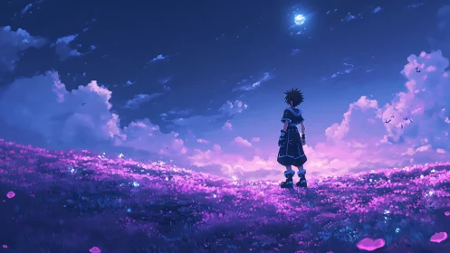 Solitary figure on illuminated field under twilight sky.