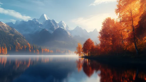 Autumnal lakeshore with misted alpine range and mirror reflections