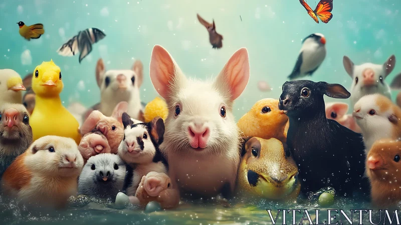 High-key depth-of-field portrait of diverse small animals in water