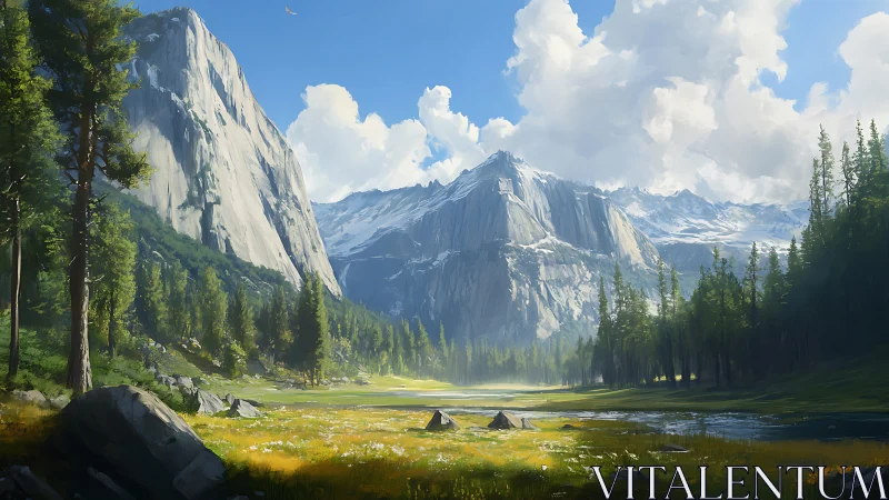 Granite massif and alpine meadow under volumetric daylight.