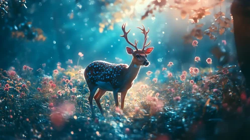 Young stag stands in glowing forest clearing at sunrise