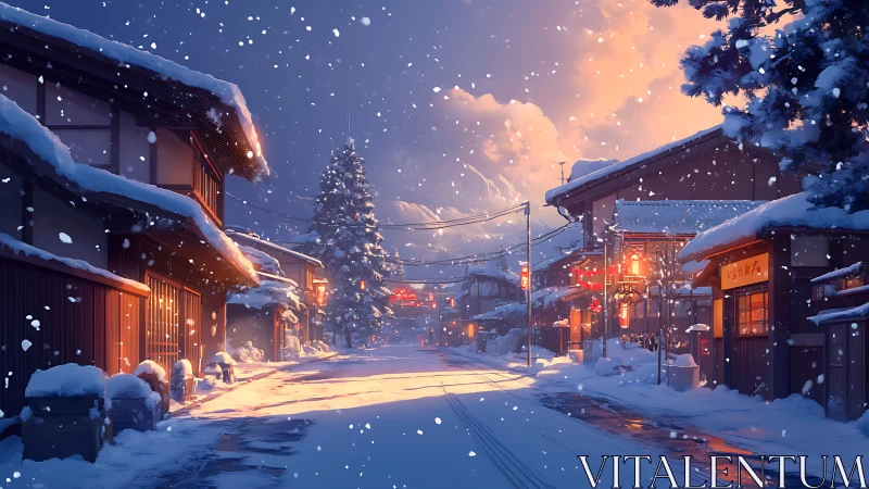 Snow covered traditional street with warm evening lanterns.