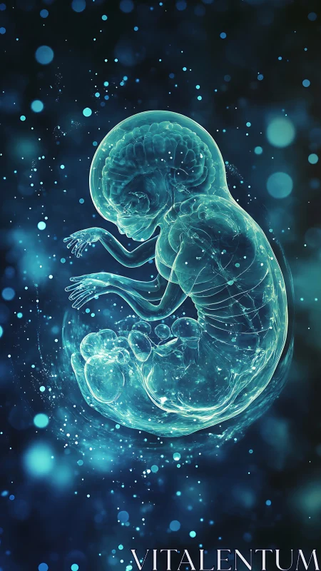 Neon fetal silhouette in translucent blue bioluminescent field.