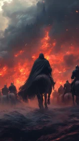 Dark riders charge toward burning citadel under ash sky.