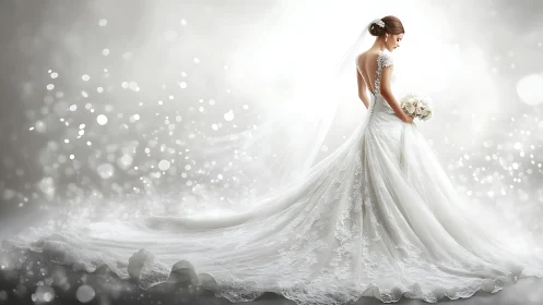 Elegant bride in luminous white gown glows in soft bokeh light