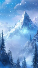 Frozen alpine peak under swirling blue winter sky.