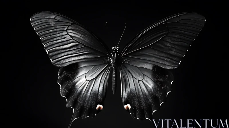 Photorealistic black butterfly on deep negative space background.
