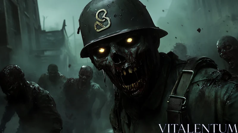 Militarized necrotic infantry with luminescent ocular cavities.