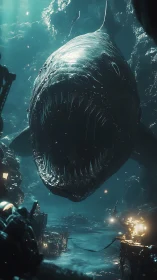 Colossal deep sea monster charges divers in eerie blue abyss