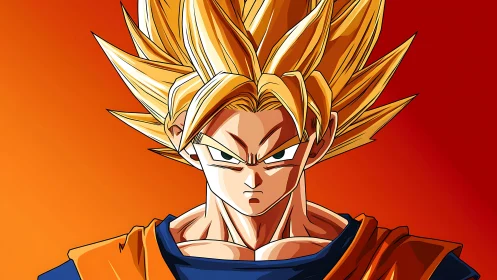 Intense golden-haired anime warrior against fiery backdrop.