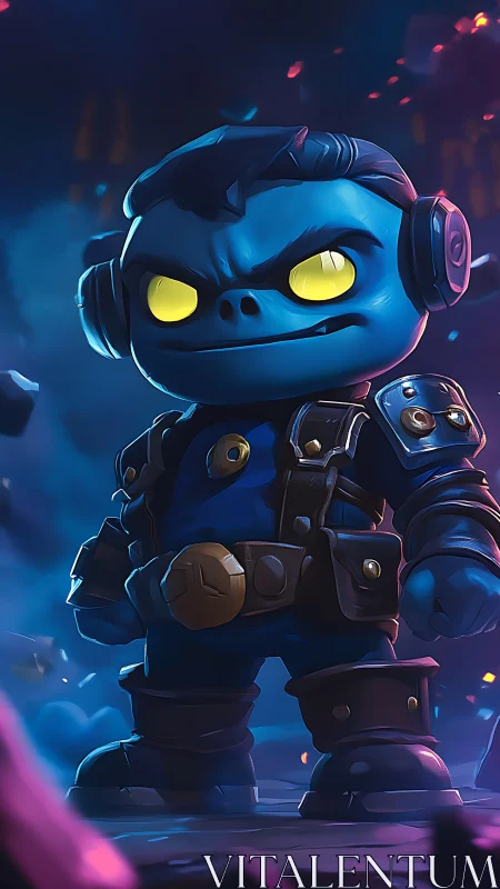 Blue chibi character stands in armored suit with glowing eyes