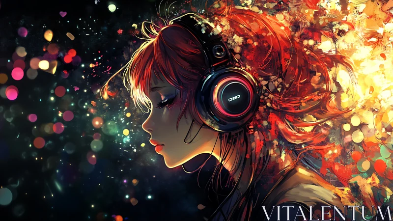 Girl with headphones immersed in vivid abstract light