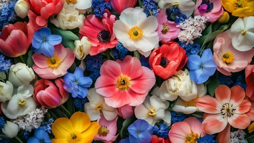 Dense floral arrangement displaying layered botanical specimens in multiple chromatic zones