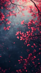 Digital painting of crimson canopy against misted twilight field.