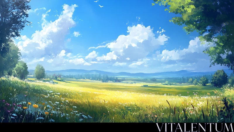 Atmospheric perspective study of sunlit meadow panorama.