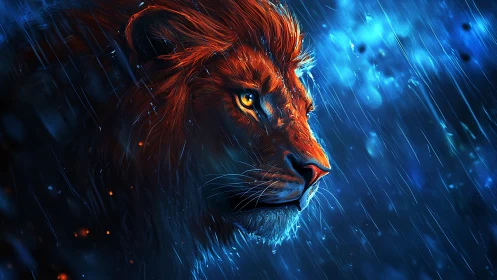 Bioluminescent lion profile in neon rain, high contrast lighting