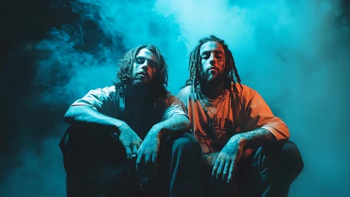 Moody neon haze with two friends owning the moment.