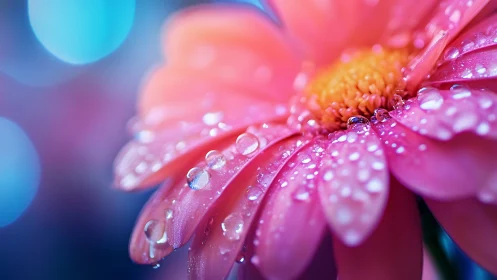 Pink Daisy Flower with Water Droplets and Soft Bokeh.