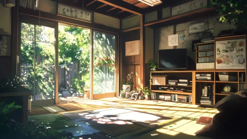 Sunlit tatami living room with garden view and bookshelves.