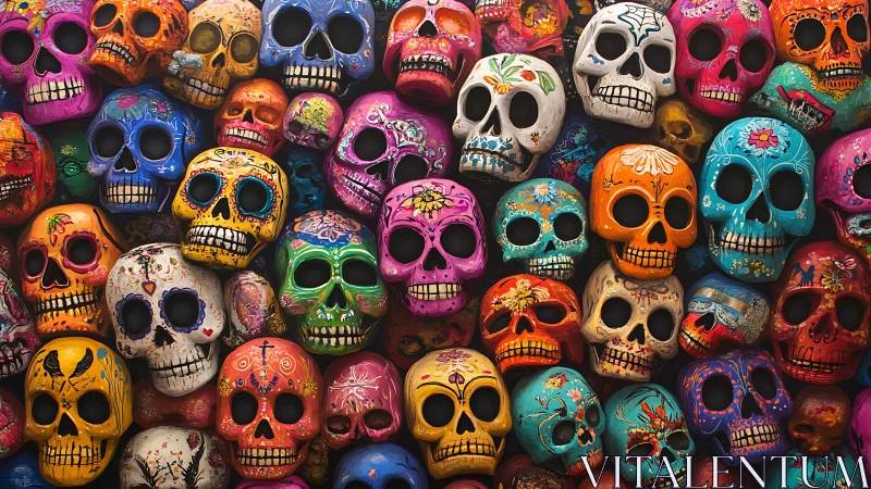 Vibrant Día de Muertos sugar skull wall in saturated colors.