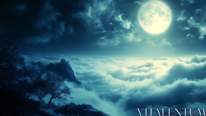 Lunar-illuminated cloud sea and jagged summit under noctilucent sky.