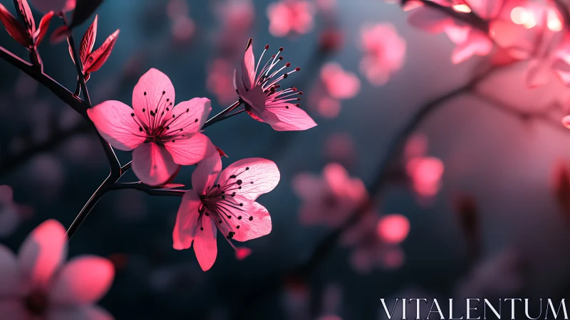 Blurred Pink Cherry Blossoms with Deep Bokeh Depth of Field.