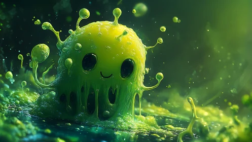 Smiling neon slime creature drips across glowing surface