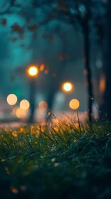 Dewlit grass under misty streetlights in teal dusk glow.